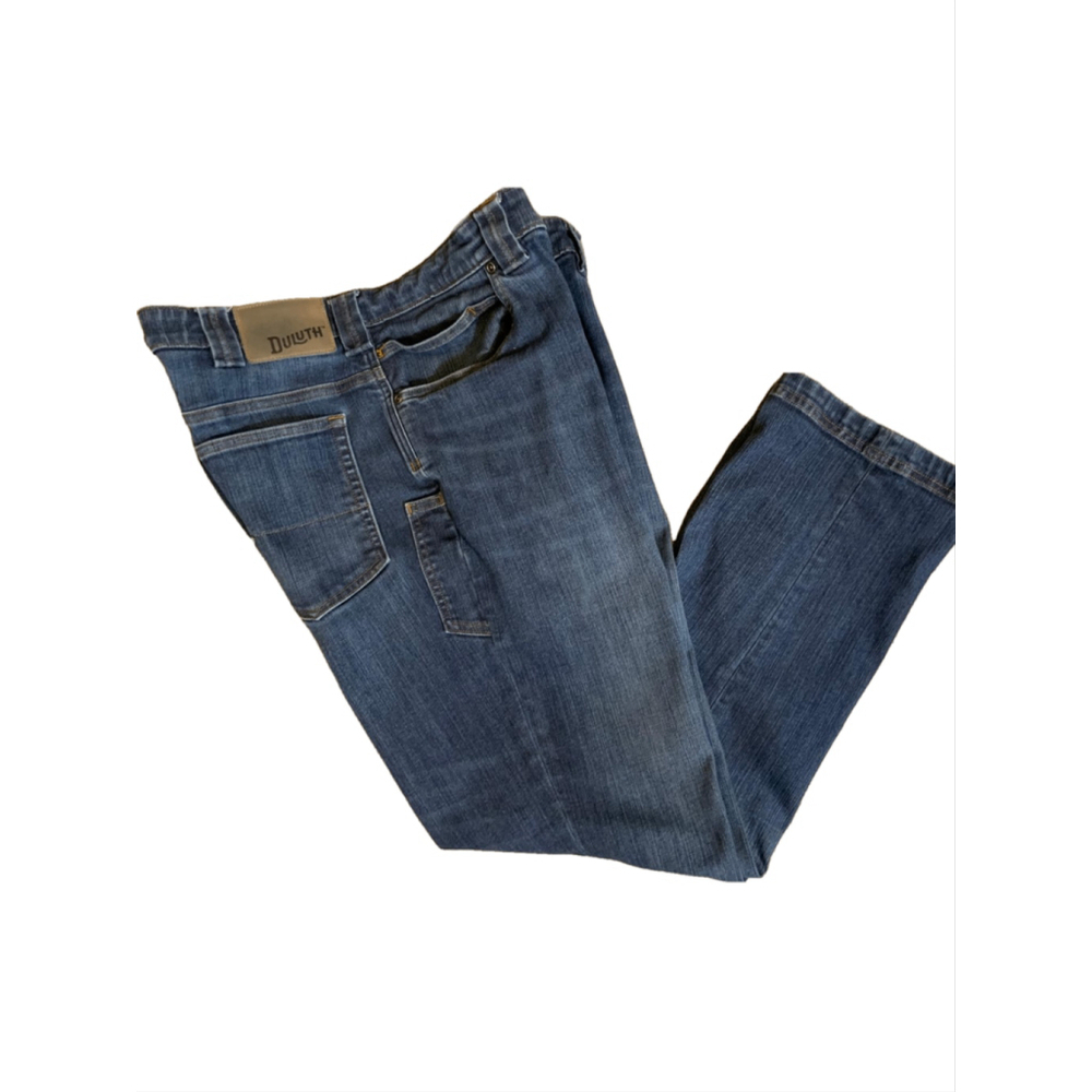 Duluth Men's Jeans Blue Denim‎ Pants 38x30 Slimfit Leather Logo 5 Pockets Gunge